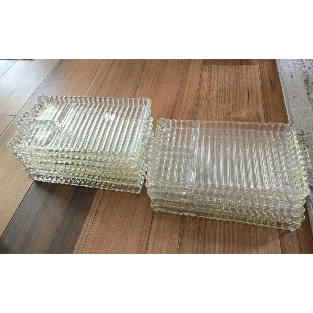 VTG (Set of 11) Hazel Atlas Ball & Rib Glass Snack, Sip & Smoke Luncheon Tray